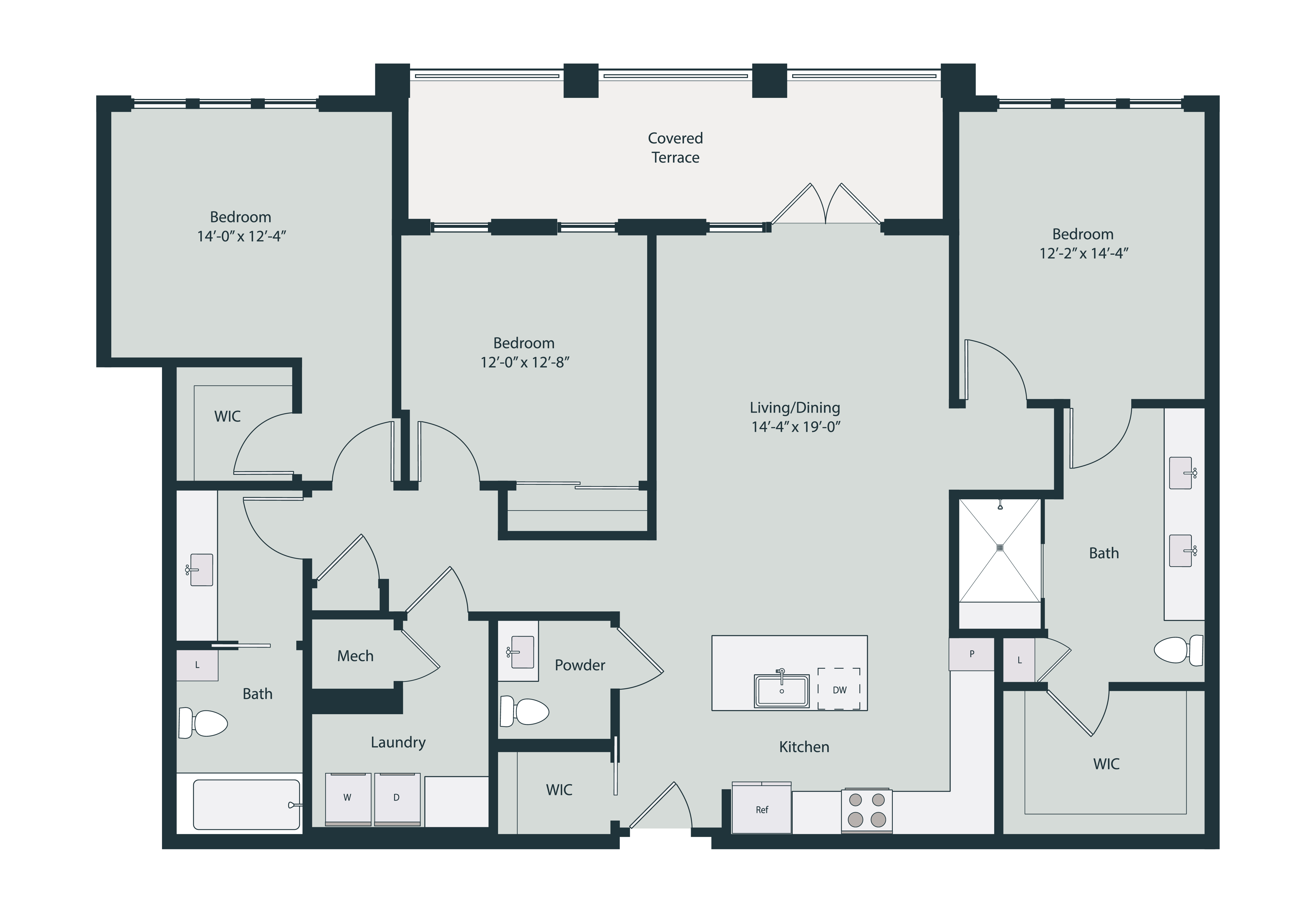 Floor plan for 3 beds, 2.5 baths, 1735 sqft